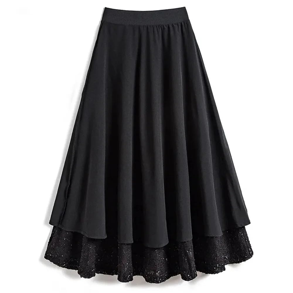 Falda de Lentejuelas Falda de Tweed a Cuadros con Lentejuelas for Mujer, Falda Larga Negra Gruesa de Fiesta de Invierno, Faldas Acampanadas de Cintura Alta elásticas