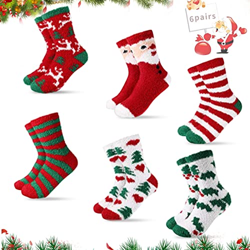 Seasboes 6 Paare Weihnachtssocken, Weihnachtsmannsocken, Weiche Flauschsocken, Flauschige Socken, Neujahrsgeschenk, Warme Bettsocken Adventkalender Socken, Christmas Wichtelgeschenk Geschenk Cover