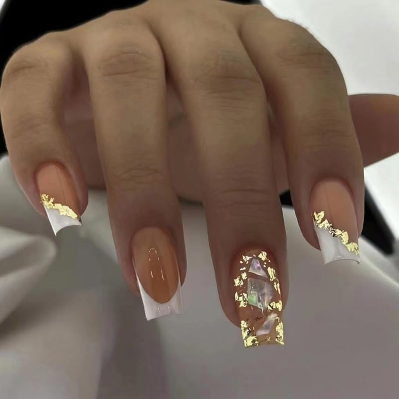 Pikabows Press On Nails Long Square Nude French Gold Glitter Fake Nails Acrylic False Nail Tips Kit Glue on Nails for Women