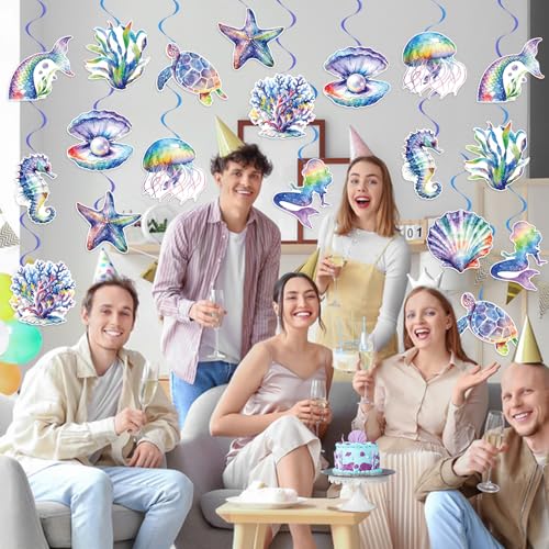 Image of 40Pcs Mermaid Hanging Swirl Decorations, Watercolor Mermaid Birthday Party Ceiling Hanging Swirls Mermaids Foil Swirls Streamers for Mermaids Themed Birthday Summer Ocean Party Decor Supplies