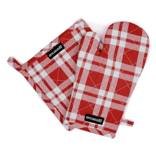 Image of Encasa XO Heat Resistant 100% Cotton Oven Glove & Potholder Set with Loop, Kitchen Cooking Mittens, Microwave Safe Hot Pads (Franca Red Checks)