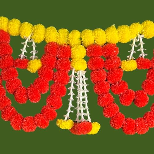Image of iHandikart Artificial (40x32 Inch) Red & Yellow Marigold Bandanwar for Door Decoration Handmade Festive Toran for Makar Sankranti, Lohri, Diwali, Pooja, Griha Pravesh & Indian Home Decor (B0087)