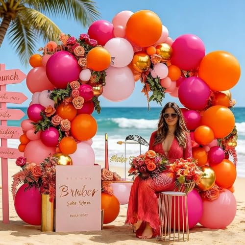 Image of Pink Orange Balloon Garland Double Stuffed Hot Pink Orange Gold Metallic Pastel Balloon Arch Kit for Birthday Baby Bridal Shower Wedding Summer Tropical Graduation Party Decorations