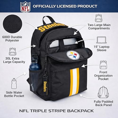 Image of NFL Pittsburgh Steelers Backpack - Triple Stripe Wordmark Design with Keychain