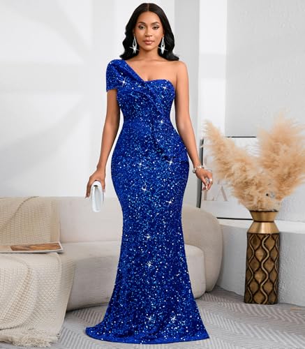 Image of Cololura Women Sexy Sequin One Shoulder Mermaid Formal Party Cocktail Gowns Bodycon Evening Maxi Dress