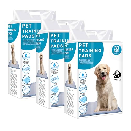 Image of Pet World Training Pads, with Odor Lock Technology & Super Absorbent Pee Pads, Leak-Proof Dog Potty Training Pads for Puppies, Dogs,Cats & Rabbits (60 X 60 cm) Pack of 3(30 Pcs Each)