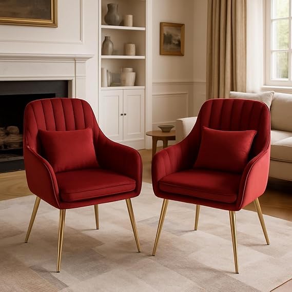 Image of Toxigo Velvet Office and Garden Area Outdoor Chairs | Cushion Seat Chair with Pillows for Modern Contemporary Upholstered with Polished Rosegold Metal Designer Piece | Set of 2 (Red)