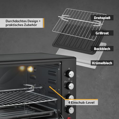 TZS First Austria - Minibackofen 60L 2000W - Mini Backofen Pizzaofen Temperaturregelung bis 230°C & 6 Modi - Geräumiger Miniofen mit 60 Min. Timer, 4 Einschubhöhen, Backblech, Grillrost & Drehspieß – Bild 5