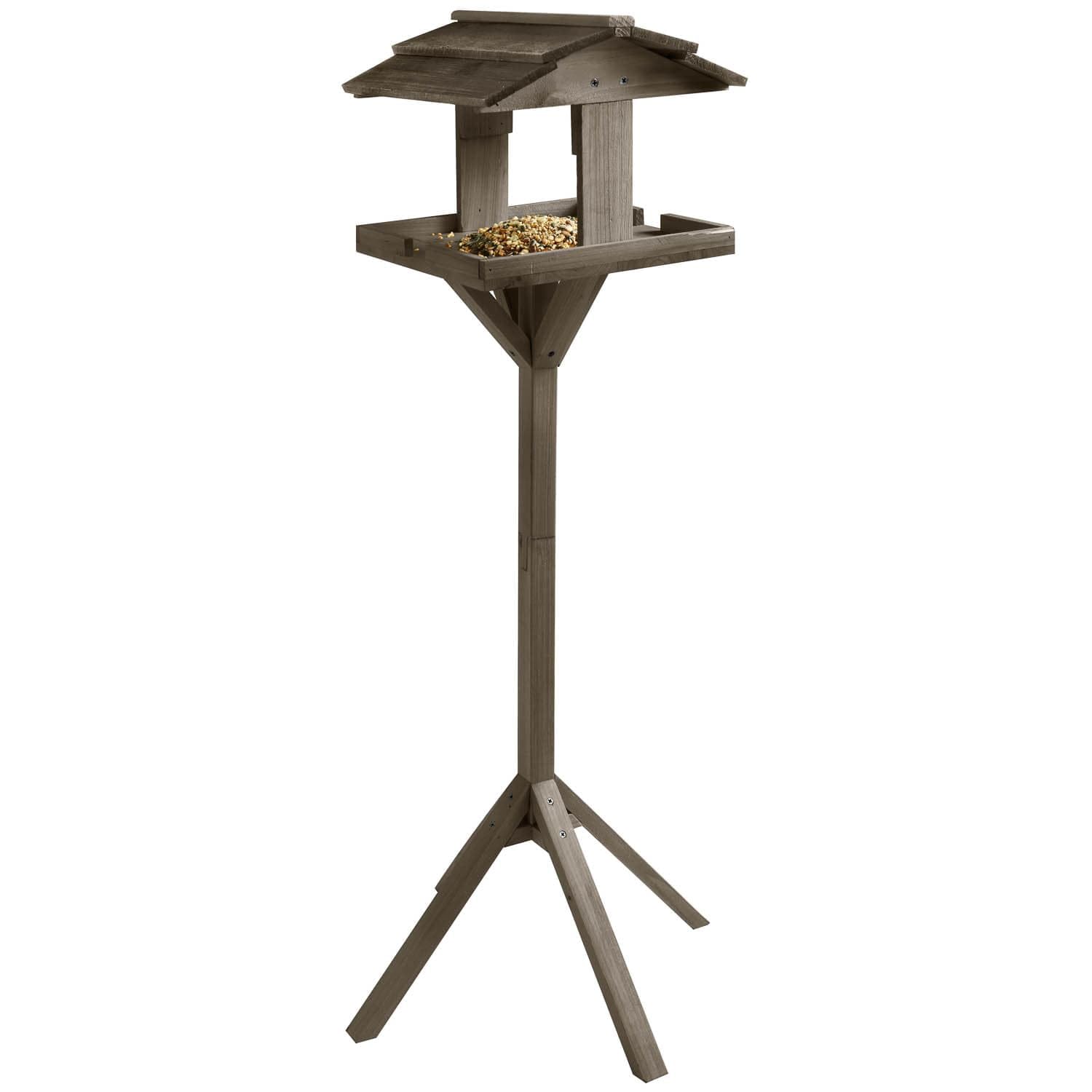 Wooden Garden Bird Table with Pitched Roof, 110 cm Height, Weather-Resistant Outdoor Bird Feeder, Grey (NATURAL)