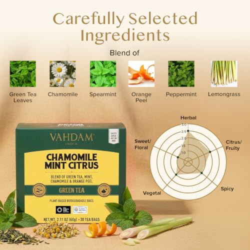 Image of VAHDAM, Chamomile Mint Citrus Green Tea Bags (100 Count) Low Caffeine, Non GMO, Gluten Free | Sweet & Floral | Resealable Ziplock Pouch | Chamomile Tea Bags