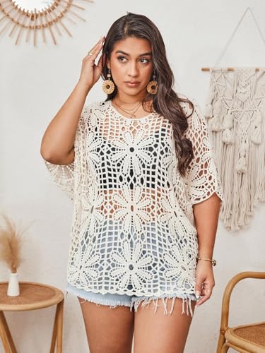 Women's Plus Size Floral Crochet Tops Hollow Out Boat Neck Sweaters Dolman Sleeve Oversized Knit Top3