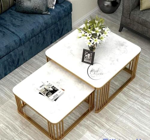 Image of Furniture Cafe Square Nesting Coffee Table Set of 2 with White Marble Look Top & Gold Metal Frame | Modern Stackable Center Tables for Living Room, Bedroom, Balcony & Apartment (White & Black & Gold)