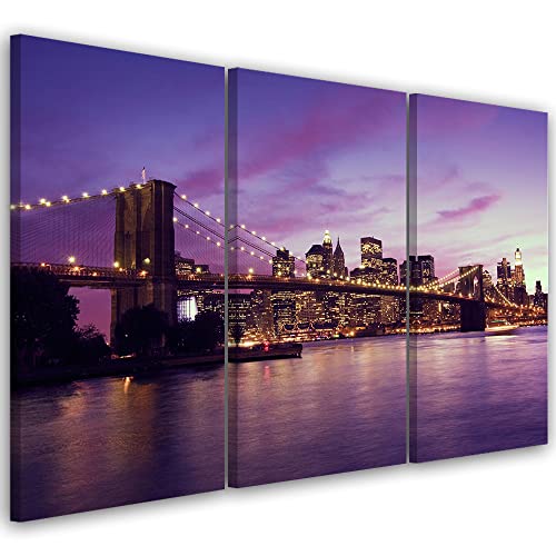Feeby 3 pièces Tableau déco mural 60x40 cm Manhattan Le pont de Brooklyn New York Image décoration Murale Design Chambre d'enfant Lumières East River Nuit...