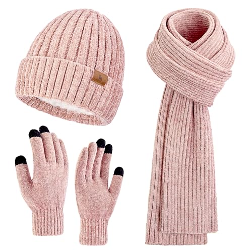 Womens Winter Beanie Hat Scarf Touchscreen Gloves Set Knit Warm Skull Caps Long Neck Scarves for Women Men