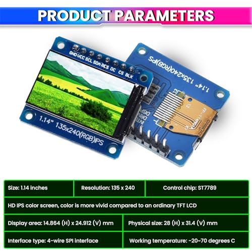 Image of amiciVision 1.14 Inch IPS Full-Color TFT Display Module | 135x240 HD Resolution | ST7789 Driver IC | 3.3V 8-Pin 4-Wire SPI Interface LCD Screen for Ardiuino, ESP32, Pi & DIY Electronics Projects