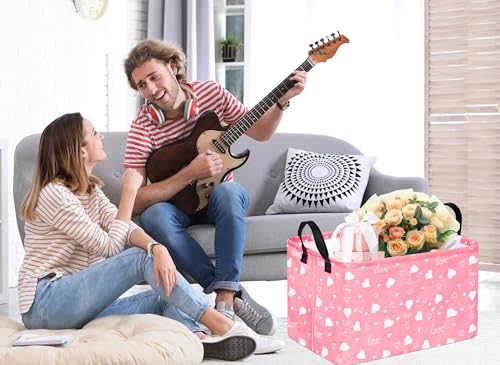 Image of Kid Storage Basket Gift Shelf Basket Toy Storage Bin, Nursery Basket Organizer Box for With Handles for Room Deco Heart Pattern Valentine's Storage Basket