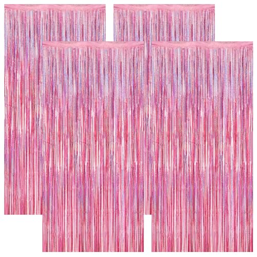 4 Pack Pink Backdrop, 3.28 FT x7.05 FT Foil Fringe Curtains, Metallic Glitter Pink Streamer Fringe Backdrop Foil Curtains, Laser Pink Birthday Party Decorations Bachelorette Decor