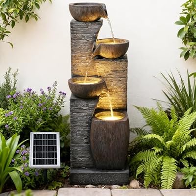 Pivotify 38.2" Tall Solar Water Fountain Outdoor Garden,4 Tiers Modern Cascading Bowls and Stacked Stones Solar Powered Fountains with LED Lights for Garden, Patio, Deck, Porch, Backyard, Lawns