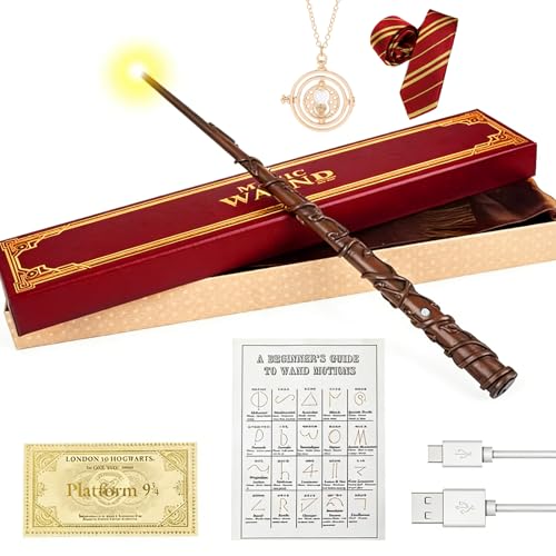 Hermine Zauberstab 37CM Wiederaufladbar Magic Wand Zauberstab Hermine Granger mit USB Aufladung Zauberstabs Stab in Geschenkbox mit Zauberspruch Karte Stationsticket Halskette Kravatte