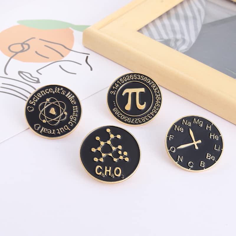 Image of 4pc Science It's Like Magic But Real Enamel Pin,Mathematics Pi Chemical Elements Periodic Table Dial Chemical Formula C8H8O3 letter brooch badge for backpacks