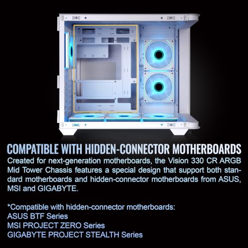 Image of Thermaltake Vision 330 CR ARGB; Mid Tower; Curved Hinged TG panel; 6x120mm Infinity ARGB PWM Fans Included; 360mm Radiator Support; 420mm GPU Clearance; Hidden Connector Support;Snow; CA-11V-00M6WN-00