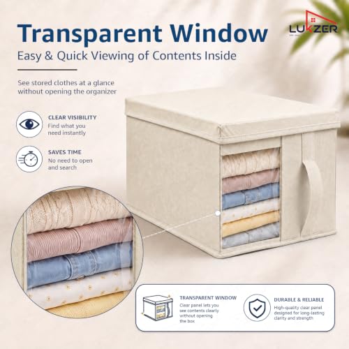 Image of Lukzer 1 PC Wardrobe Organizer for Clothes, 20L Foldable Non-Woven Fabric Storage Box with Lid, Clear Window & Front /Back Handles | Almirah Cupboard Organizer for Jeans, Sweaters & Sarees - Beige