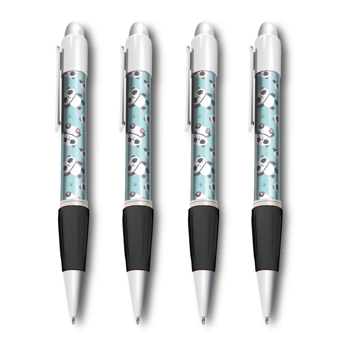 Set of 4 White Ballpoint Pens (Photo Insert) - Lazy Panda Bear Pattern Cute Animal - Soft Feel Finger Grip #53031