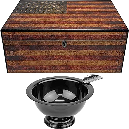 Old Glory Humidor with Weathered American Flag & Stinky Cigar Personal Size Ashtray (Black Nickel Plated)