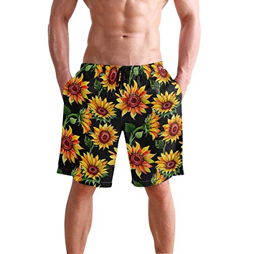 WIHVE Herren Strand-Badehose Wasserfarben Sonnenblume Boxer Badeanzug Unterwäsche Boardshorts mit Tasche - - S (Passen Taille 30/36" Cover