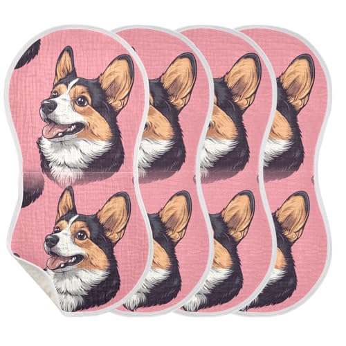 Muslin Burp Cloth for Baby 4PCS Happy Dog Corgi Super Absorbent Burping Cloths, Bibs for Newborn Boys Girls