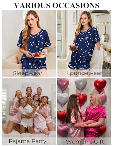 Image of Silk Pajamas for Women Short Sleeve Satin 2 Piece Pj Set Soft V Neck Sleepwear Loungewear, S-XXL
