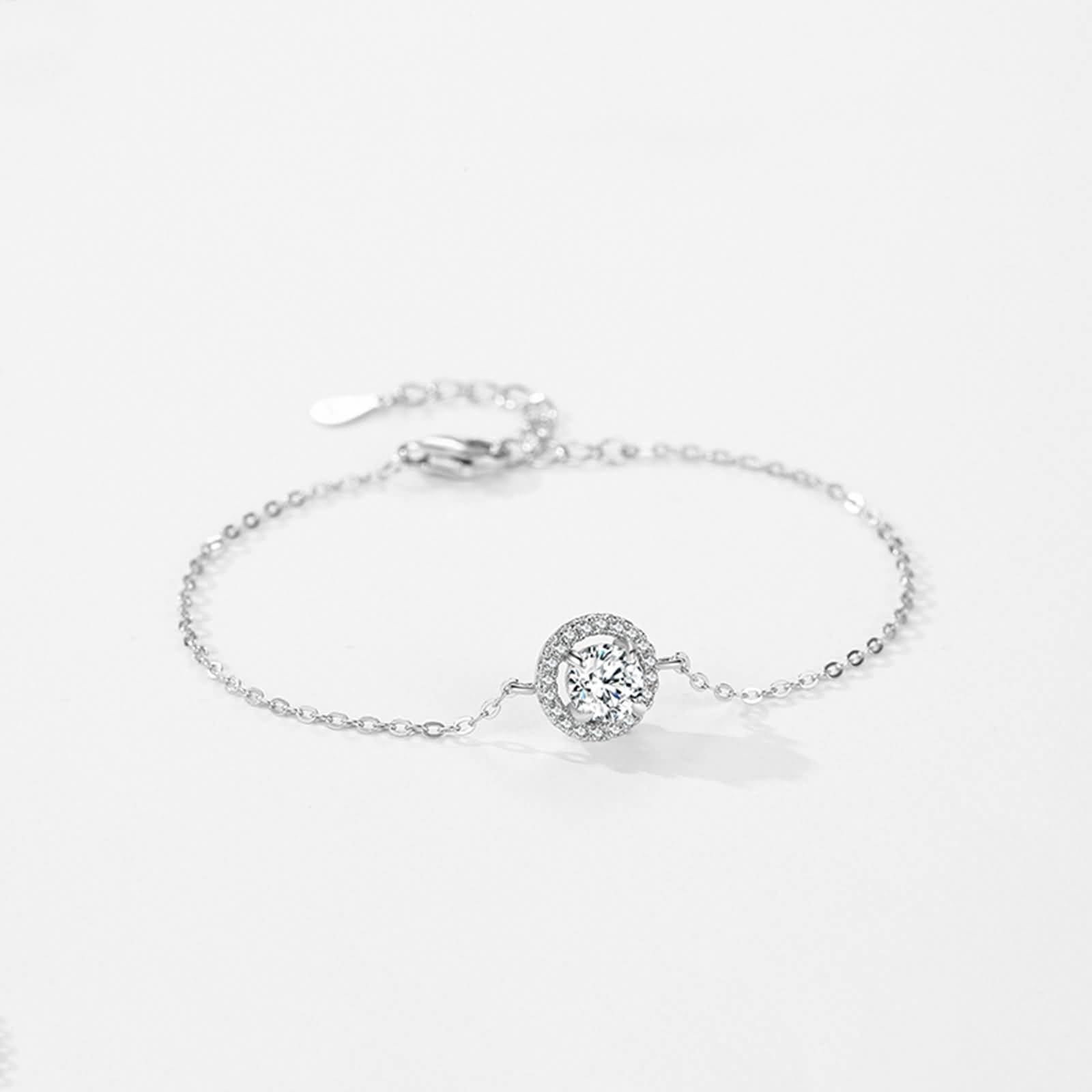 Bracciale Oro Bianco 9 K / 14 K / 18 K 750 per Donna, Catena con Rotondo e Diamante Creato, Regolabile 16 CM + 5 CM, Bracciali Donna Argento