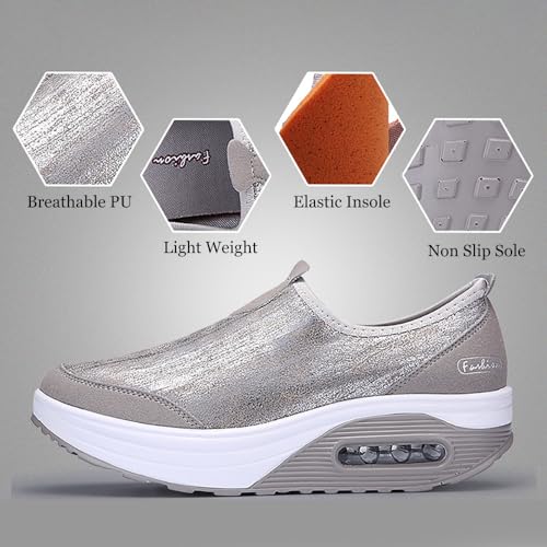 Womens Platform Sneakers Comfort Air Fashion Wedge Slip on Loafer Walking Shoes with Arch Support,Comfortable Casual Stretch Toning Rocker Shoes4