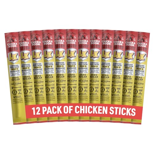 Lorissa's Kitchen Premium Free Range Chicken Jerky Snack Sticks 12-Pack: Chicka Boom Chicken Flavor, 8g Protein, Certified Free from Top 9 Allergens, Gluten-Free, Non-GMO, Zero Sugar, Keto, Paleo