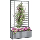 Outsunny Wooden Raised Garden Bed with Trellis, Removable Pots, Drainage Holes for Climbing Vines, Vegetables, Flowers, Raised Planter Box for Backyard, Patio, Balcony, 29 x 11 x 52 in., Gray