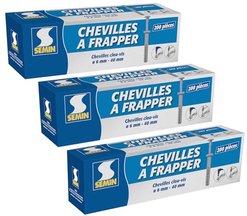 SEMIN Chevilles à Frapper 6x40 mm – Lot 600 (3x200) – Cheville Nylon Expansion avec Clou A1 – Fixation Rails Placo & Cloisons – Pose Rapide
