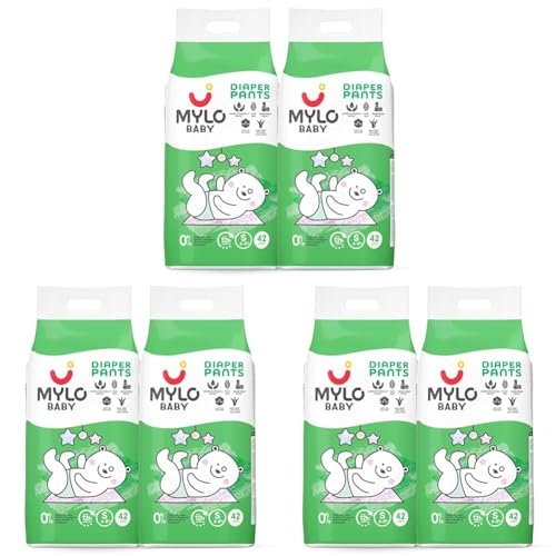 Image of Mylo Baby Diaper Pants Small (S) Size 4-8 kgs (84 count) Leak Proof | Lightweight | Rash Free | Upto 12 Hours Protection | ADL Technology | with Aloe Vera Lotion (42 Count, Pack of 6)