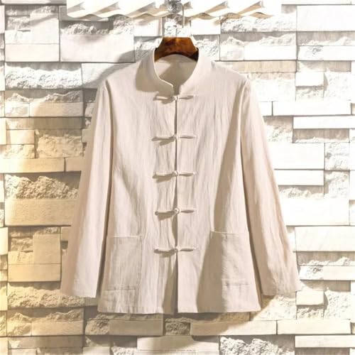 Men's Chinese Style Cotton Linen Shirt Buttons Long-Sleeved Solid Color Casual Loose Jacket 5