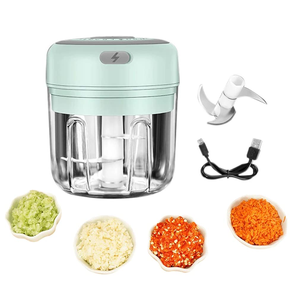 JZZANG Electric Mini Garlic Chopper, Cordless Electric Garlic Blender, Cordless Meat Grinder with USB Charging, BPA-Free, Easy to Clean for Vegetable, Pepper, Baby Food,Chili (250ML)-Green