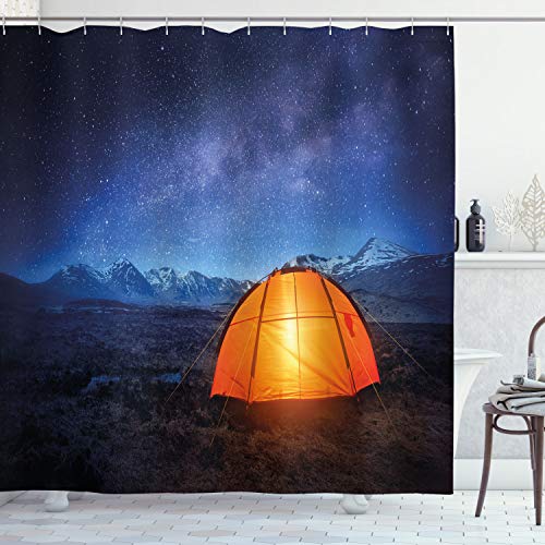 Ambesonne Camper Shower Curtain, Tent Under Night Sky Full of Stars Exploring Universe