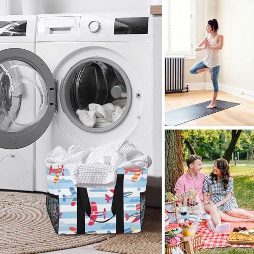 YETTASBIN Airplane Large Foldable Travel Tote Bag, Lightweight Waterproof Swim Pool Bag with Handles & Pocket for Beach Outdoor, Reusable Grocery Bag for Kitchen, Shopping 7