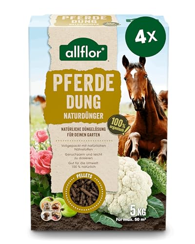 Allflor Pferdedung gekörnt 4 x 5 Kg in Faltschachtel I Pferdemist als Dünger I rein biologisch-organischer Universaldünger I Pferdedünger I Für alle Garten-, Obst- & Gemüsepflanzen