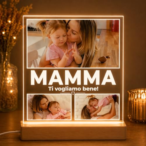 ANVILA Regalo Festa della Mamma Personalizzato con Foto e Dedica, Lampada Personalizzata Mamma in Plexiglass con Base LED in Legno, Idea Regalo con Foto Dedica