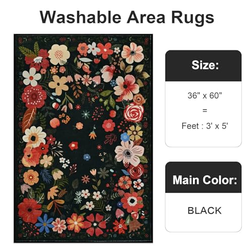 Tapete floral negro 3x5 pies bajo pelaje Vasofe miniatura 5