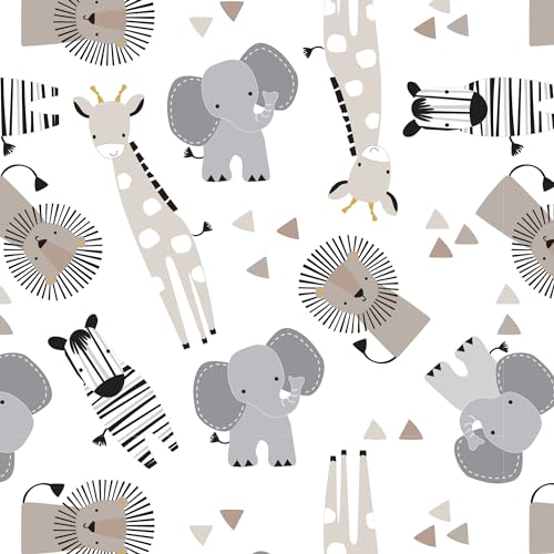 Image of Lambs & Ivy Jungle Safari 100% Cotton White /Gray Elephant /Lion Fitted Crib Sheet