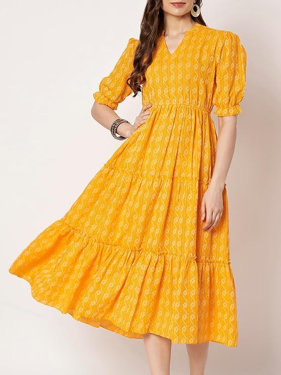 Image of PIDAVLIYA'S Women's Floral Summer Maxi Dress I Cotton Printed I One Piece Bodycon Midi Dress with V-Neck, Puffed Sleeves