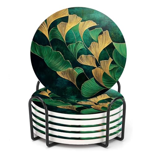 ubcindy Emerald Green and Gold Abstract Leaves Coasters for Drinks