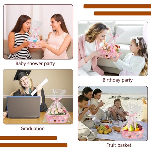 Image of CMXZSAM Small Woven Basket with Gift Bags, Ribbons and Self-Adhesive Cloth, 12 inchX 8 inch X 5 inch Pink Baskets for Gifts Empty, Rope Empty Baby Gift Basket for Baby Shower Birthday Easter Presents
