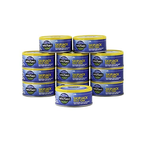 Wild-Planet-Skipjack-Wild-Tuna-Sea-Salt-Keto-and-Paleo-3rd-Party-Mercury-Tested-5-Ounce-Pack-of-12 Wild Planet Skipjack Wild Tuna, Sea Salt, Canned Tuna, Pole & Line Sustainably Wild-Caught, Non-GMO, Kosher, 5 Ounce Can (Pack of 12)