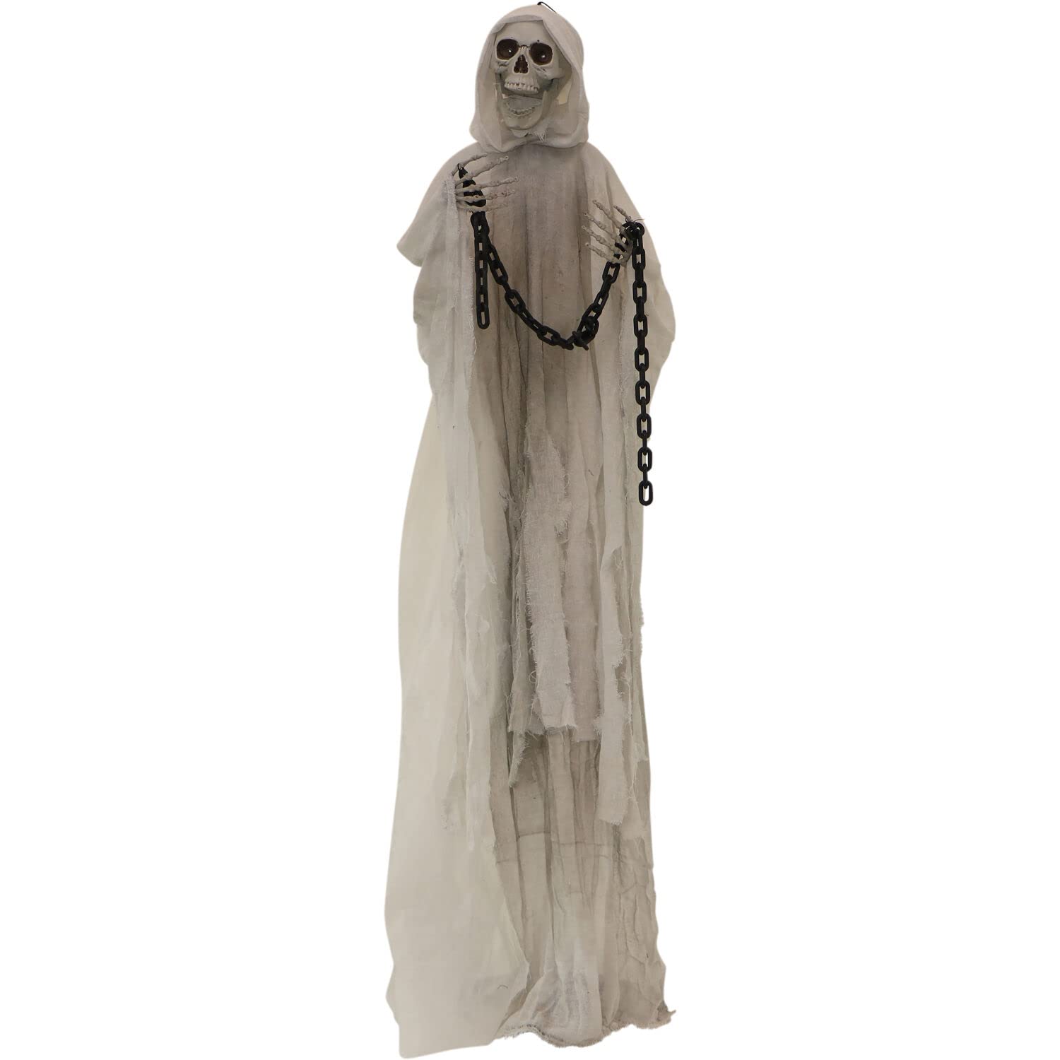 Haunted Hill Farm 6.25 ft. Animated Reaper with Chains, Dressed in White/Gray Cloak with Hood and Flashing Red Eyes, Battery-Operated